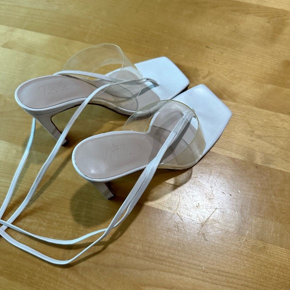 Zara White Heeled Leather Lace-Up Sandals Size 6.5 - Picture 4 of 10